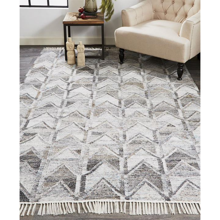 5 X 8 Gray Silver And Taupe Geometric Hand Woven Stain Resistant Area Rug With Fringe Image 12