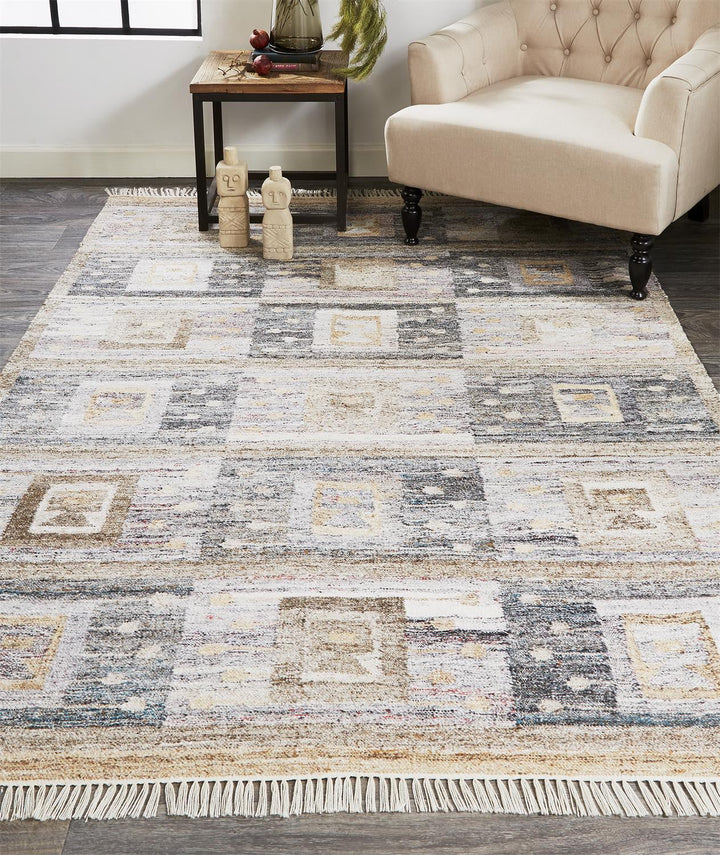 5 X 8 Gray Taupe And Tan Geometric Hand Woven Stain Resistant Area Rug With Fringe Image 4