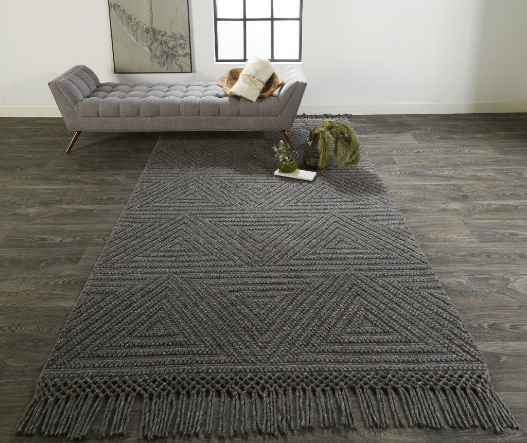 5 X 8 Gray Wool Geometric Hand Woven Area Rug With Fringe Image 9