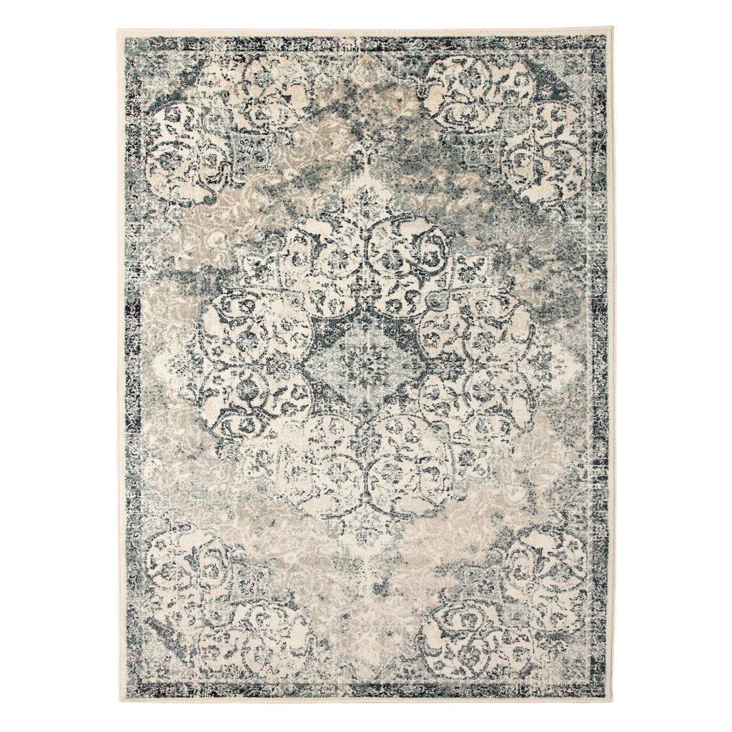 8 x 10 Beige and Blue Medallion Power Loom Area Rug Image 1