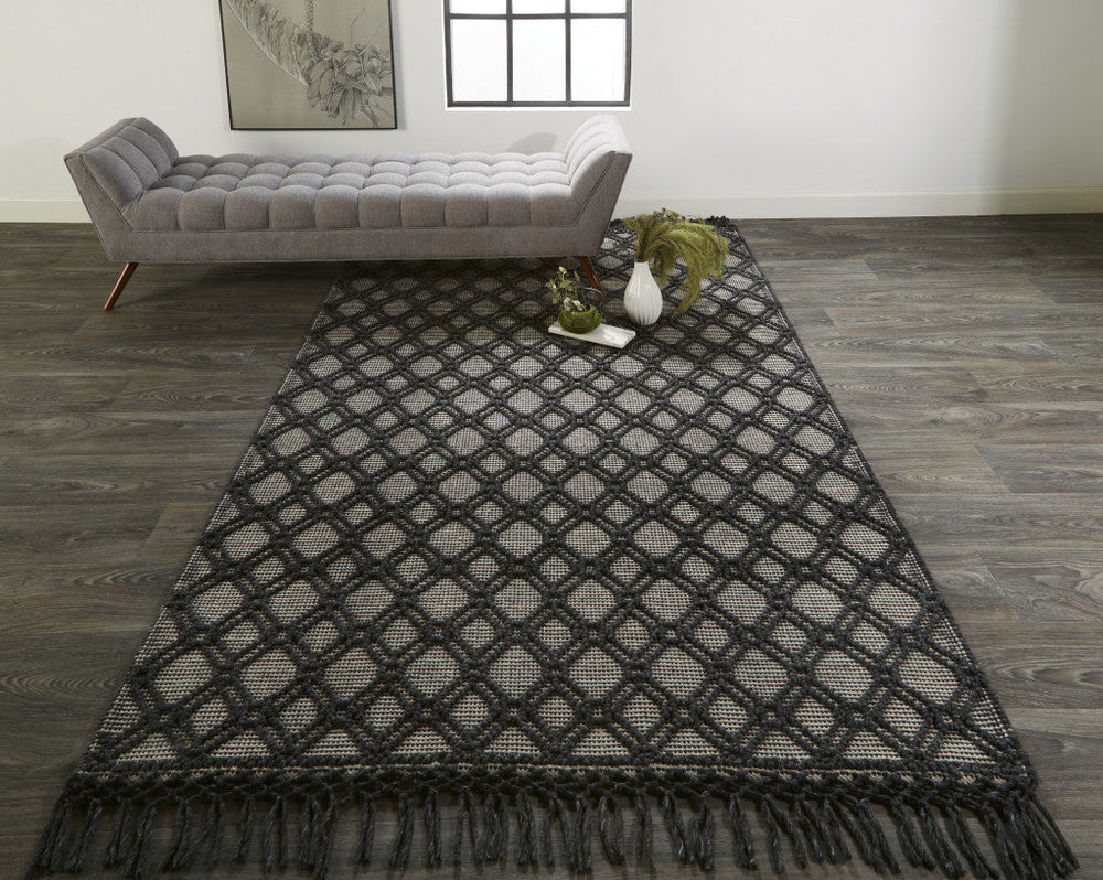 8 X 10 Black And Ivory Wool Geometric Hand Woven Area Rug With Fringe Image 2