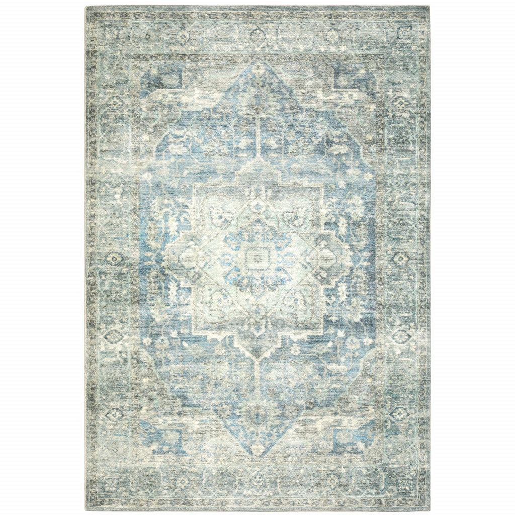 5 X 7 Grey Blue And Ivory Oriental Power Loom Stain Resistant Area Rug Image 1