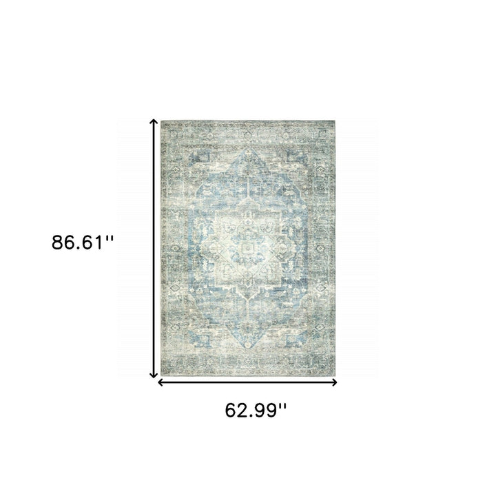 5 X 7 Grey Blue And Ivory Oriental Power Loom Stain Resistant Area Rug Image 9