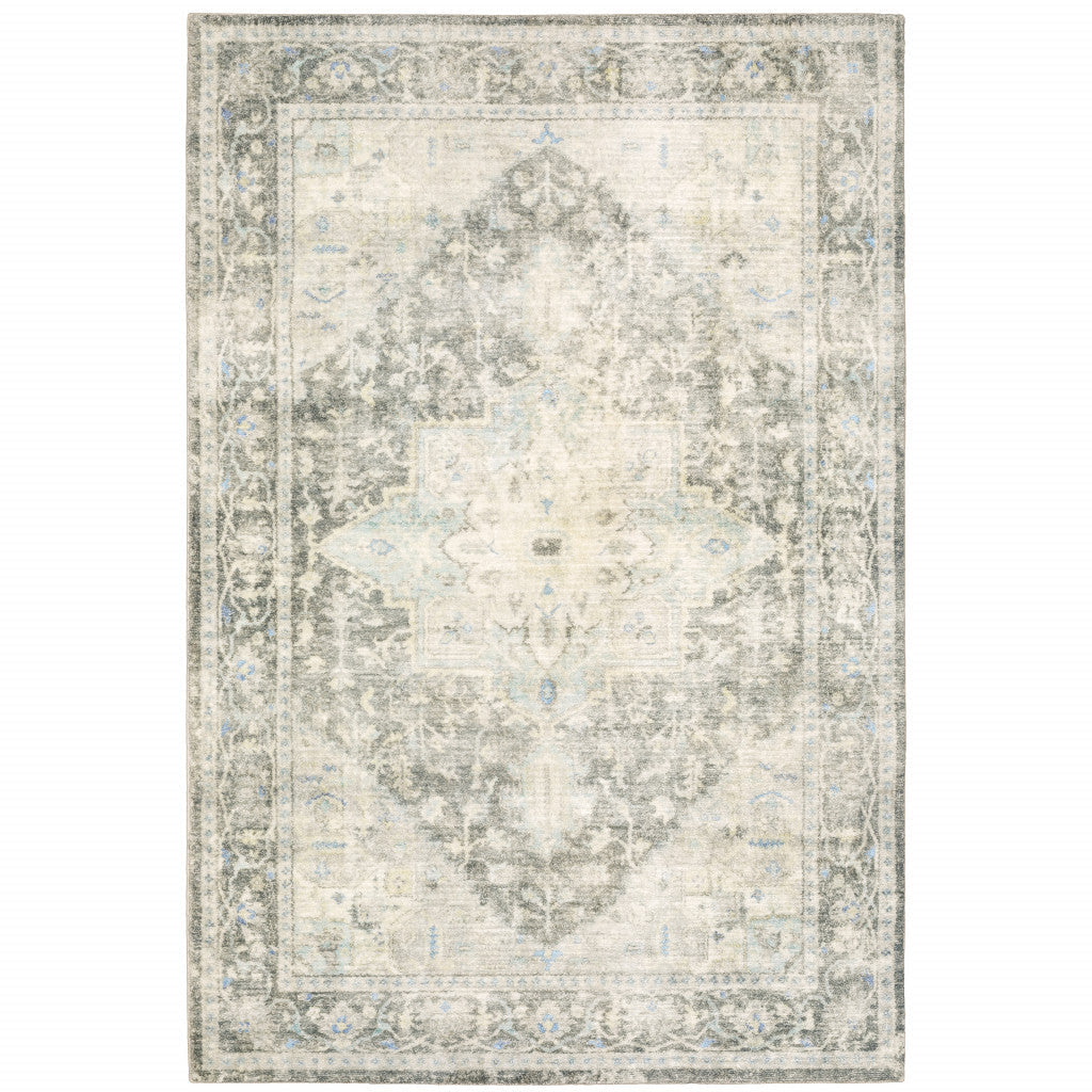 5 X 7 Grey Ivory And Blue Oriental Power Loom Stain Resistant Area Rug Image 1