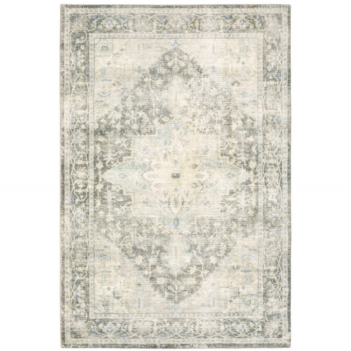 5 X 7 Grey Ivory And Blue Oriental Power Loom Stain Resistant Area Rug Image 1