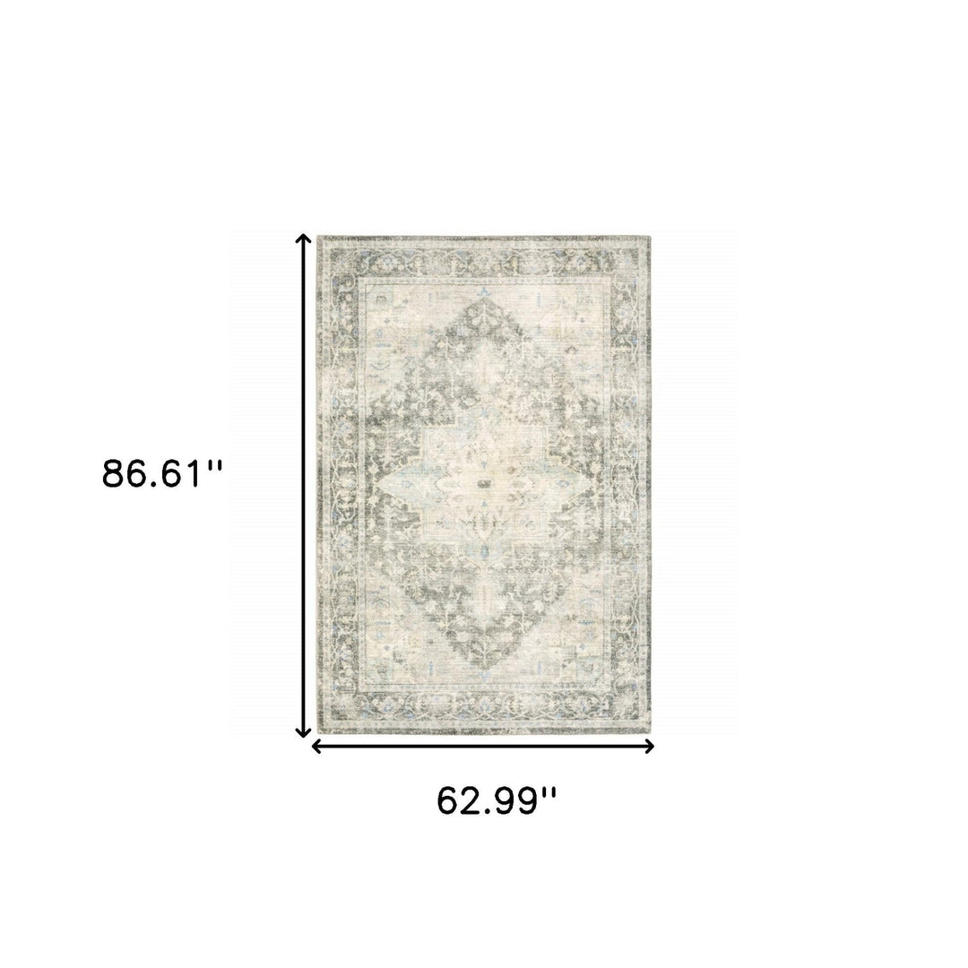 5 X 7 Grey Ivory And Blue Oriental Power Loom Stain Resistant Area Rug Image 8