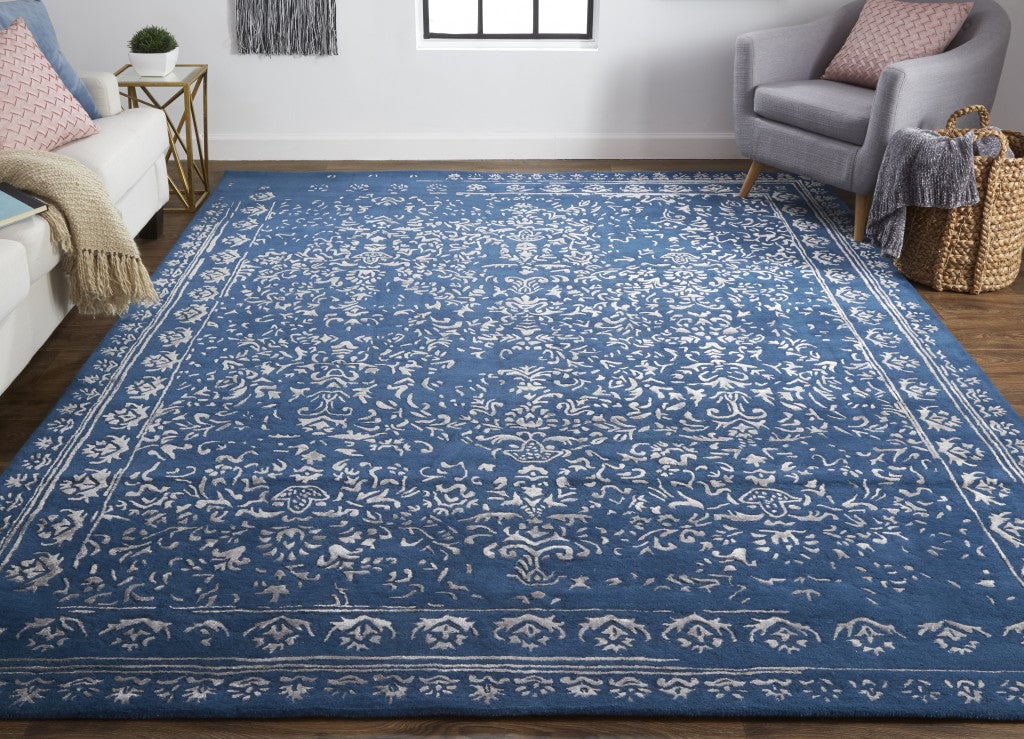 5 X 8 Blue And Silver Wool Floral Tufted Handmade Distressed Area Rug Image 3