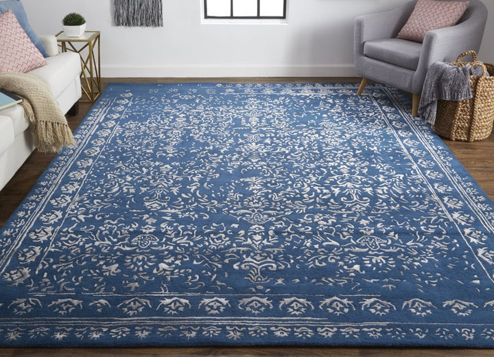 5 X 8 Blue And Silver Wool Floral Tufted Handmade Distressed Area Rug Image 3