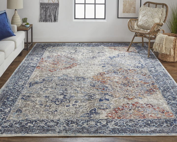 5 X 8 Blue Ivory And Red Floral Power Loom Distressed Stain Resistant Area Rug Image 7