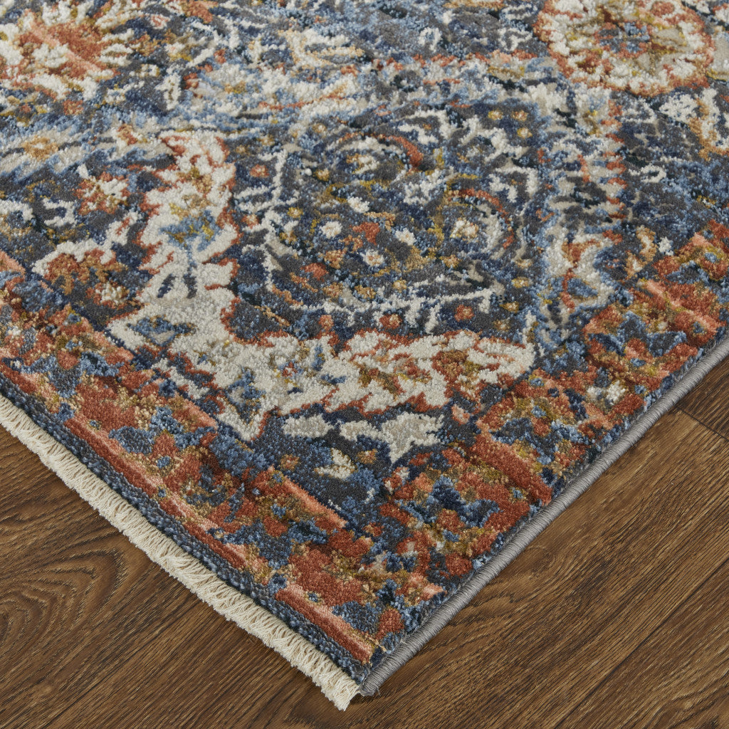 8 X 10 Blue Orange And Ivory Floral Power Loom Area Rug With Fringe Image 9