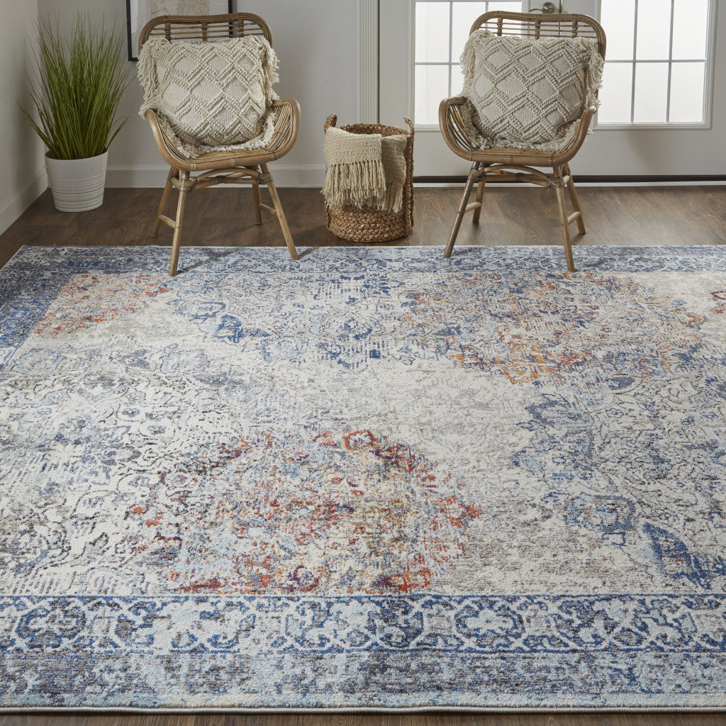 5 X 8 Blue Ivory And Red Floral Power Loom Distressed Stain Resistant Area Rug Image 12