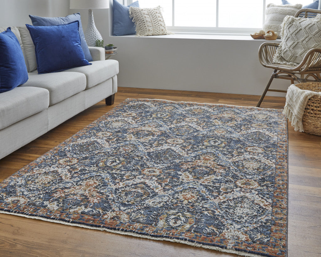 8 X 10 Blue Orange And Ivory Floral Power Loom Area Rug With Fringe Image 10