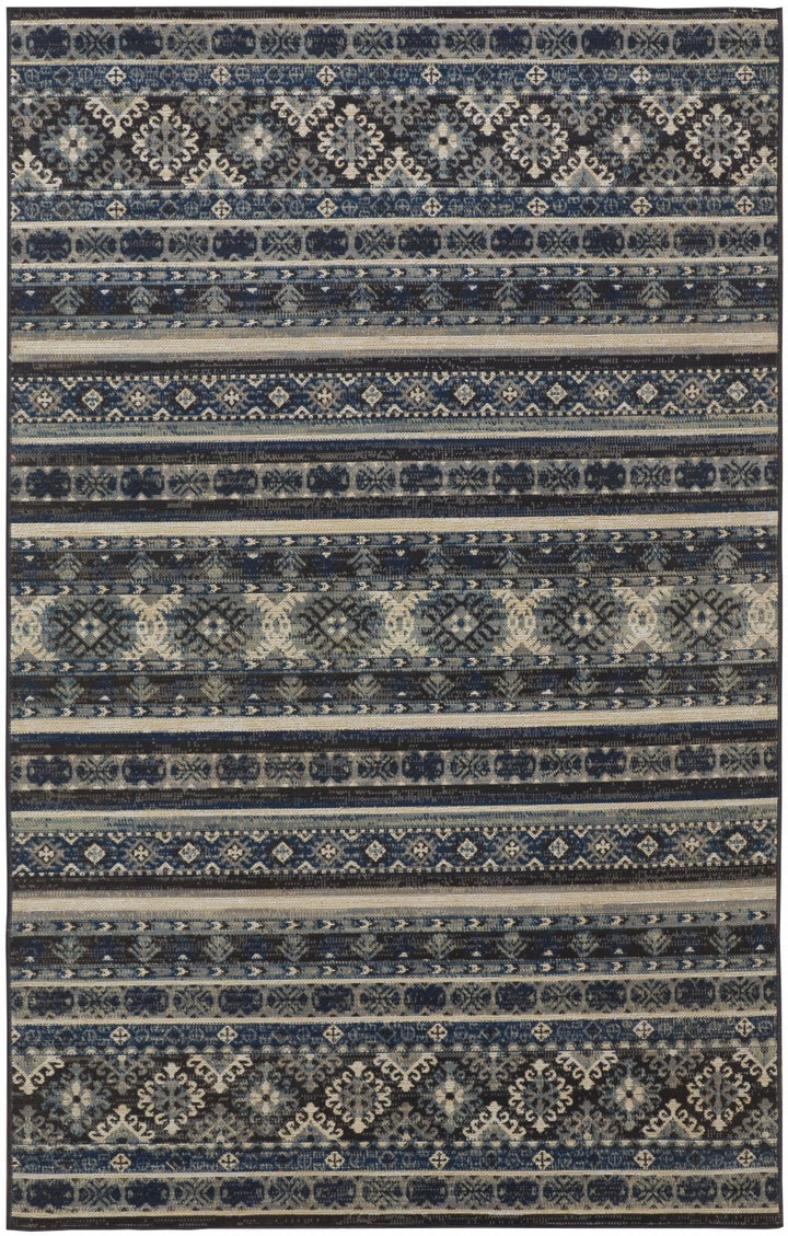 8 X 11 Blue Tan And Black Geometric Power Loom Distressed Stain Resistant Area Rug Image 1