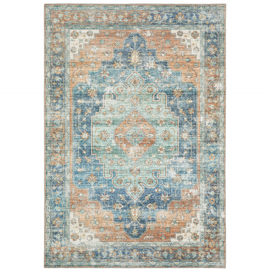 5 X 7 Orange Blue Teal Green And Beige Oriental Power Loom Stain Resistant Area Rug Image 1