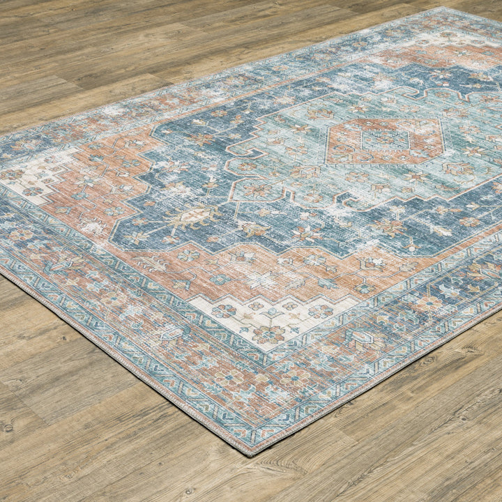 5 X 7 Orange Blue Teal Green And Beige Oriental Power Loom Stain Resistant Area Rug Image 7