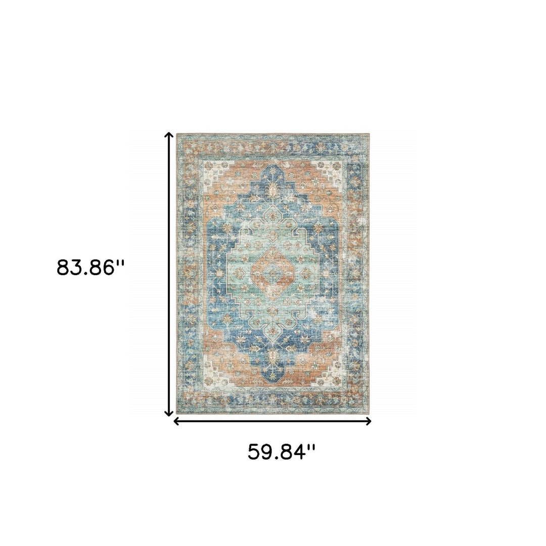 5 X 7 Orange Blue Teal Green And Beige Oriental Power Loom Stain Resistant Area Rug Image 9