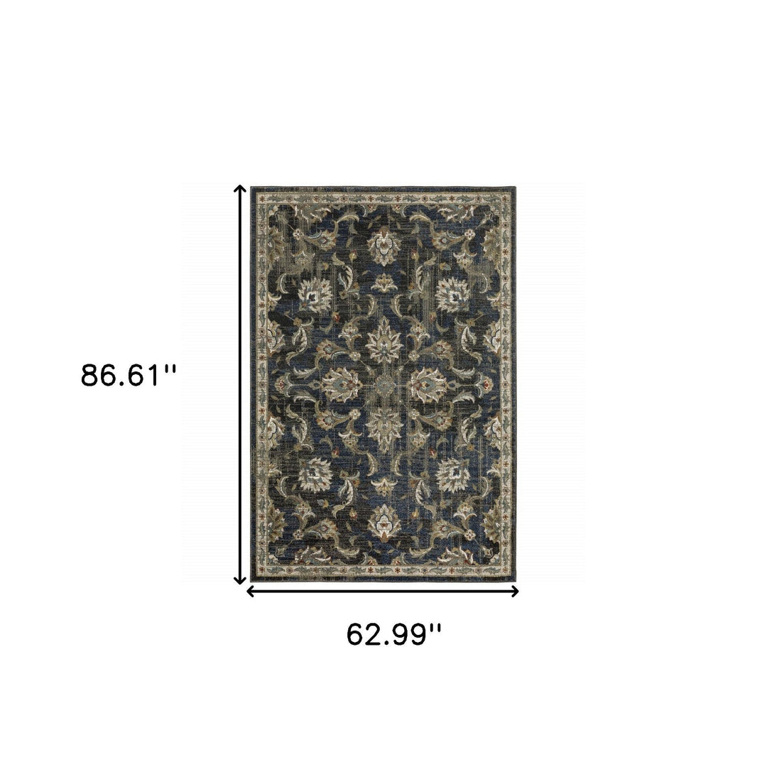 5 X 7 Charcoal Blue Gold Rust And Beige Oriental Power Loom Stain Resistant Area Rug Image 9