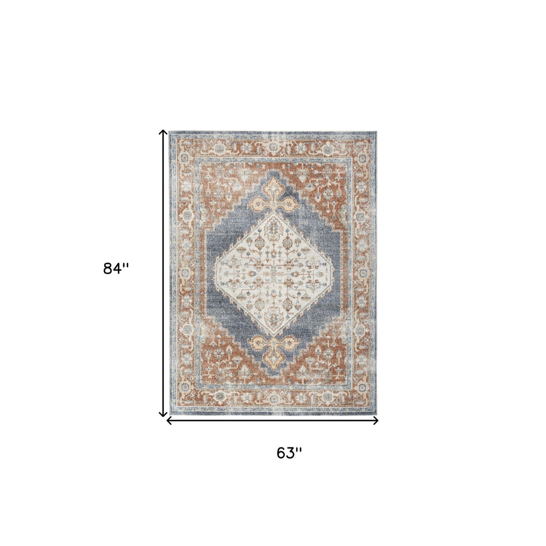 5 X 7 Denim Blue Oriental Power Loom Distressed Washable Area Rug Image 9