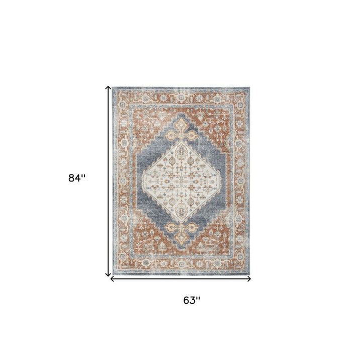 5 X 7 Denim Blue Oriental Power Loom Distressed Washable Area Rug Image 9