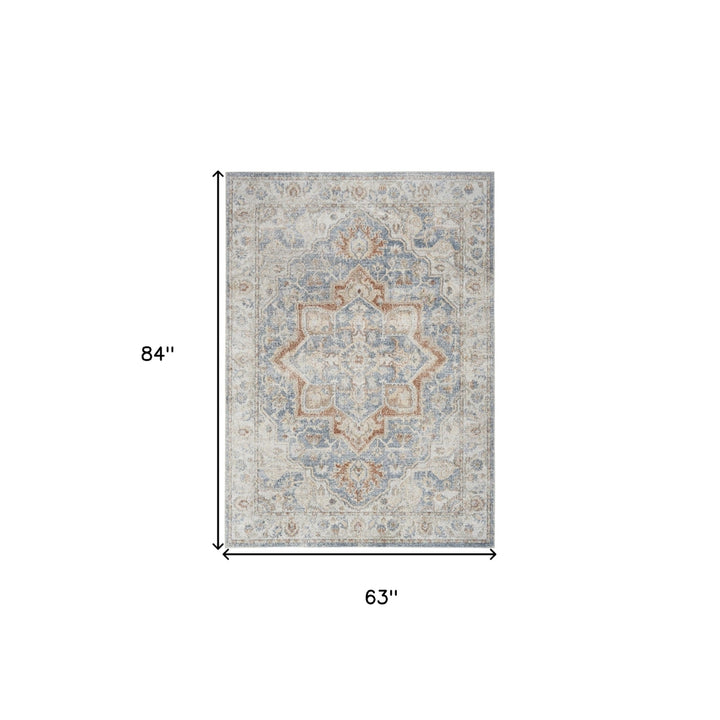 5 x 7 Denim Blue Oriental Power Loom Washable Area Rug Image 7