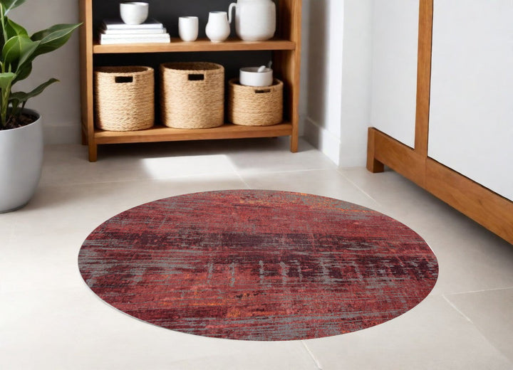 5 Red and Gray Round Abstract Non Skid Area Rug Image 1