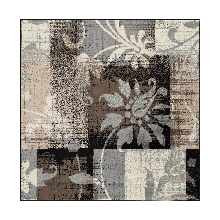 5 Square Beige And Gray Square Floral Power Loom Distressed Stain Resistant Area Rug Image 1