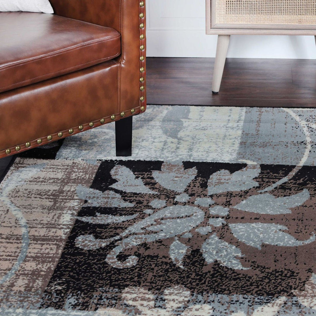 5 Square Beige And Gray Square Floral Power Loom Distressed Stain Resistant Area Rug Image 3