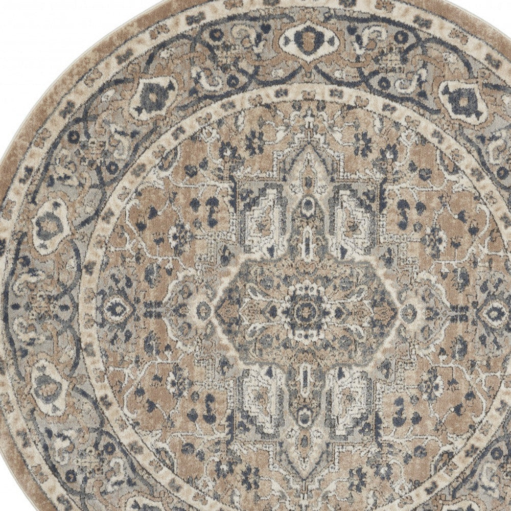 5 X 5 Beige And Grey Round Oriental Power Loom Non Skid Area Rug Image 4