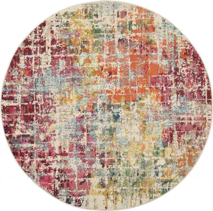 5 X 5 Pink Round Abstract Power Loom Distressed Non Skid Area Rug Image 1