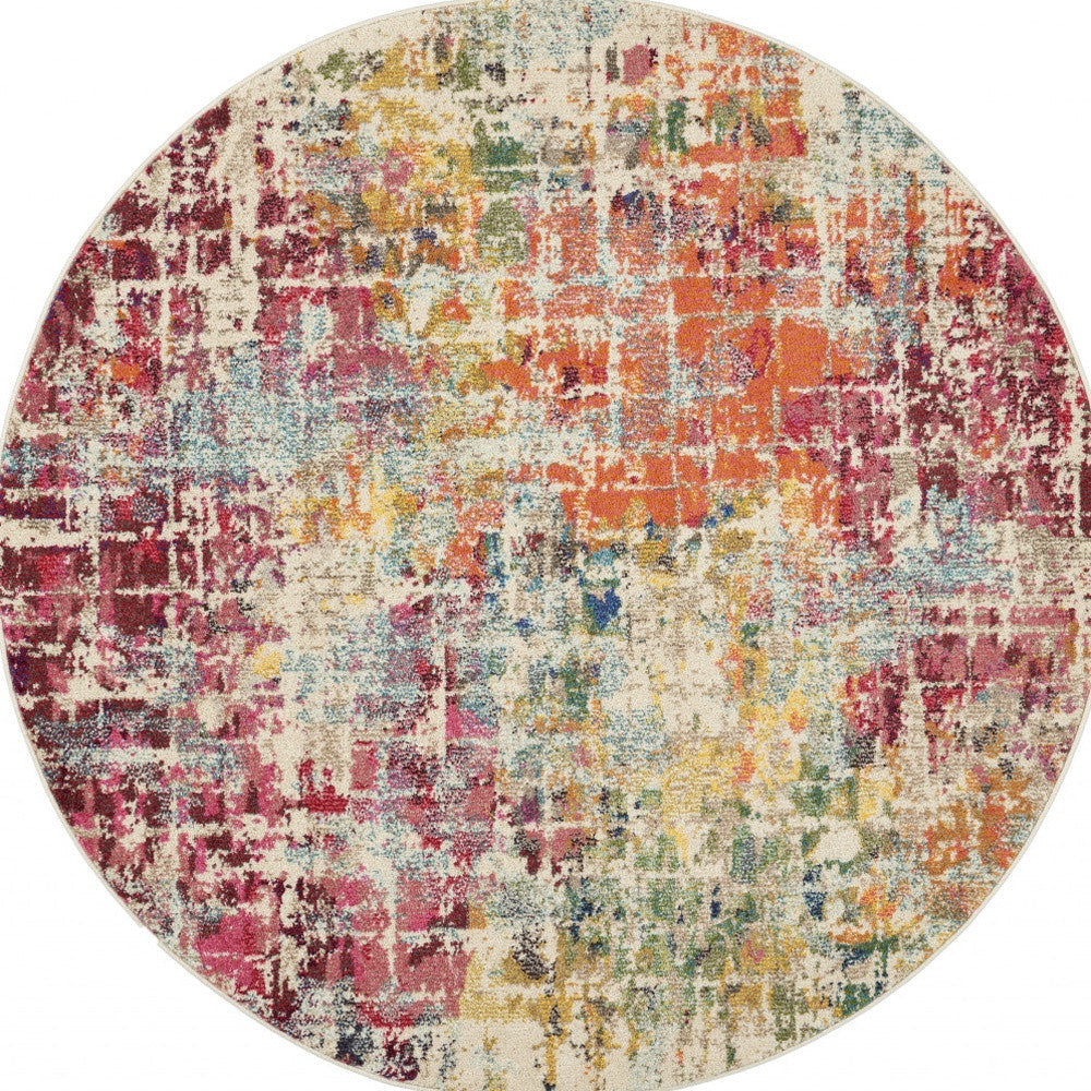 5 X 5 Pink Round Abstract Power Loom Distressed Non Skid Area Rug Image 4