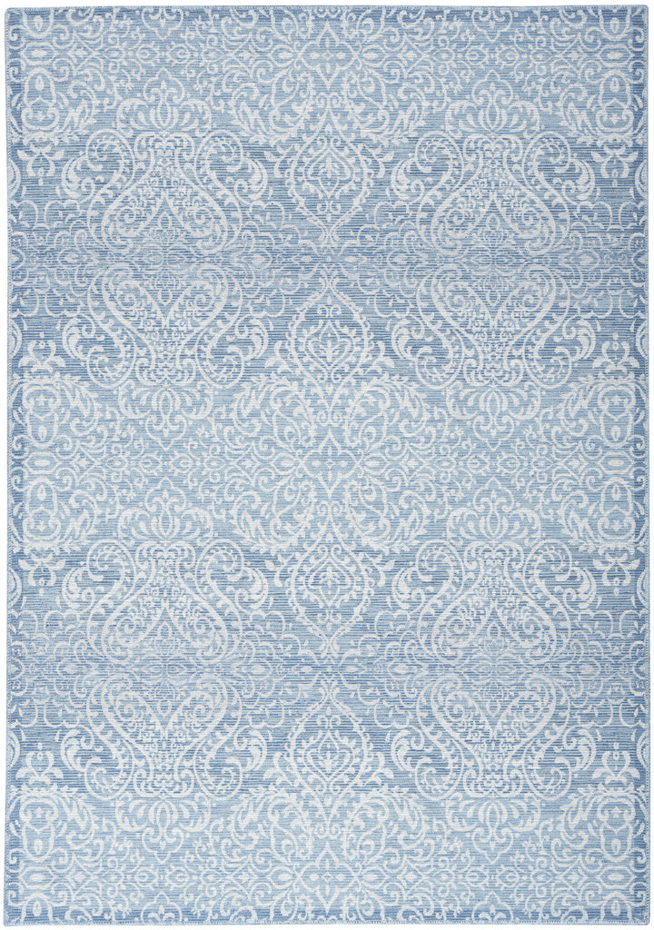 5 X 7 Aqua Damask Distressed Washable Area Rug Image 1