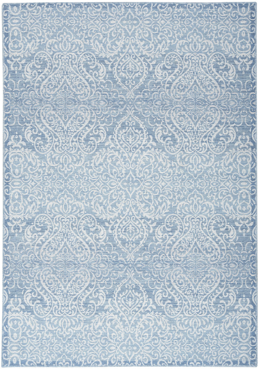 5 X 7 Aqua Damask Distressed Washable Area Rug Image 1