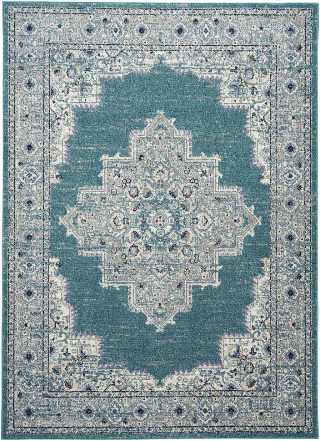 5 x 7 Aqua Floral Power Loom Distressed Area Rug Image 1