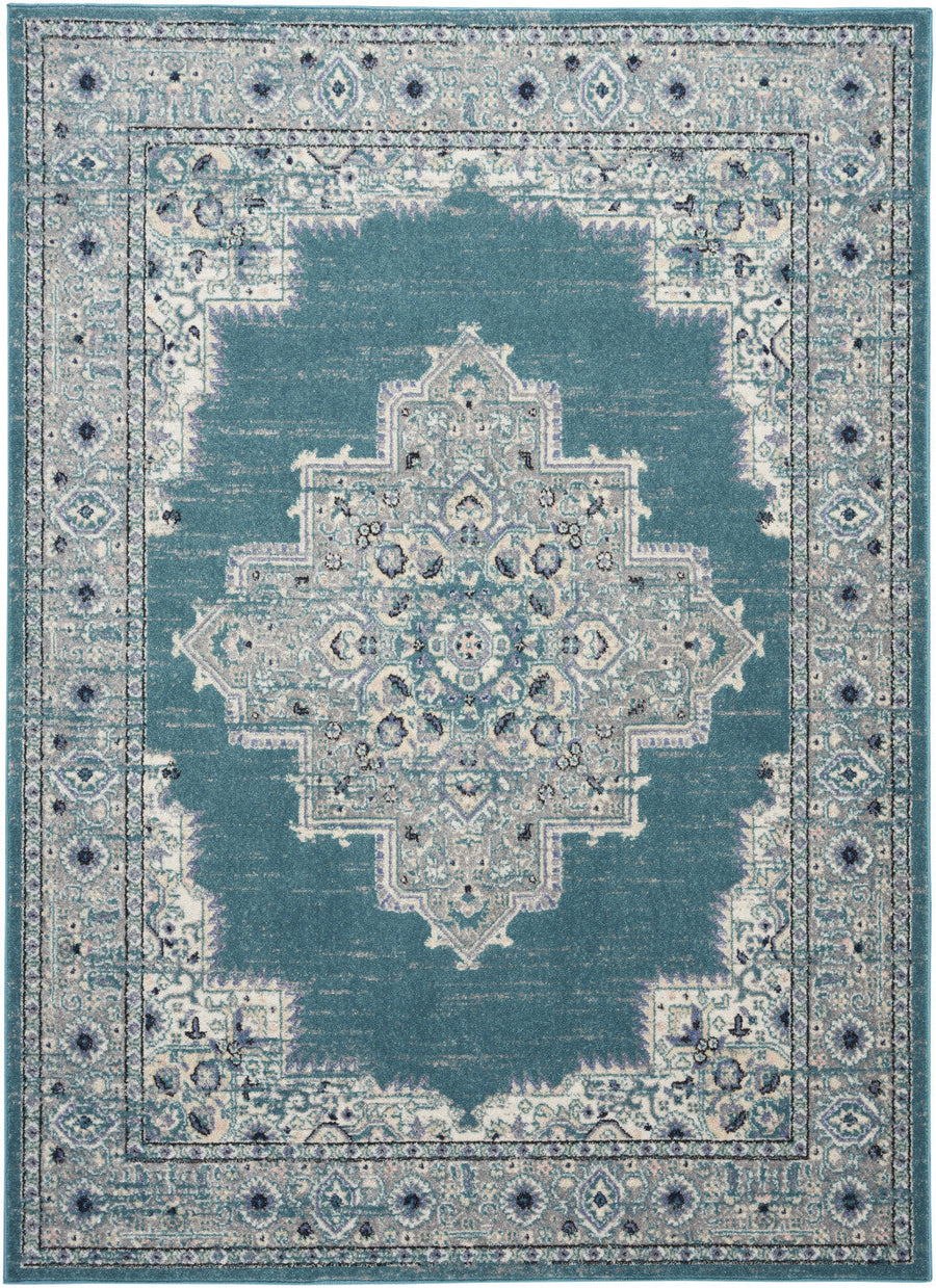 5 x 7 Aqua Floral Power Loom Distressed Area Rug Image 1