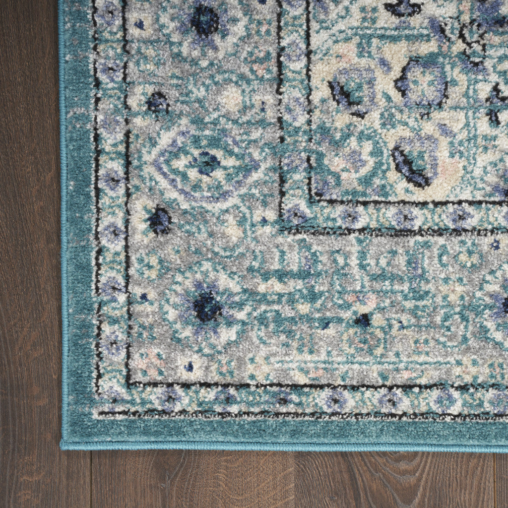 5 x 7 Aqua Floral Power Loom Distressed Area Rug Image 3