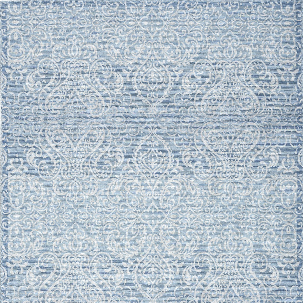 5 X 7 Aqua Damask Distressed Washable Area Rug Image 4