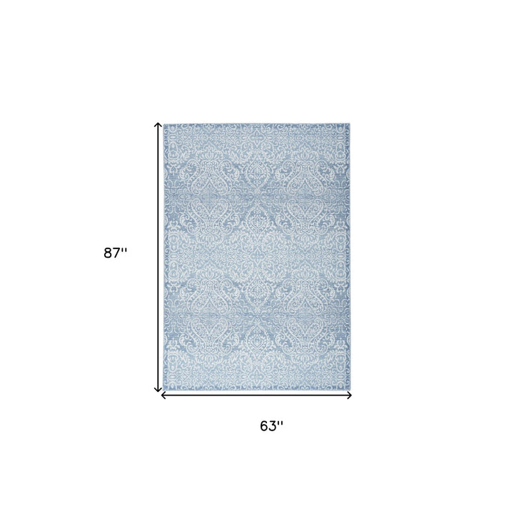 5 X 7 Aqua Damask Distressed Washable Area Rug Image 5