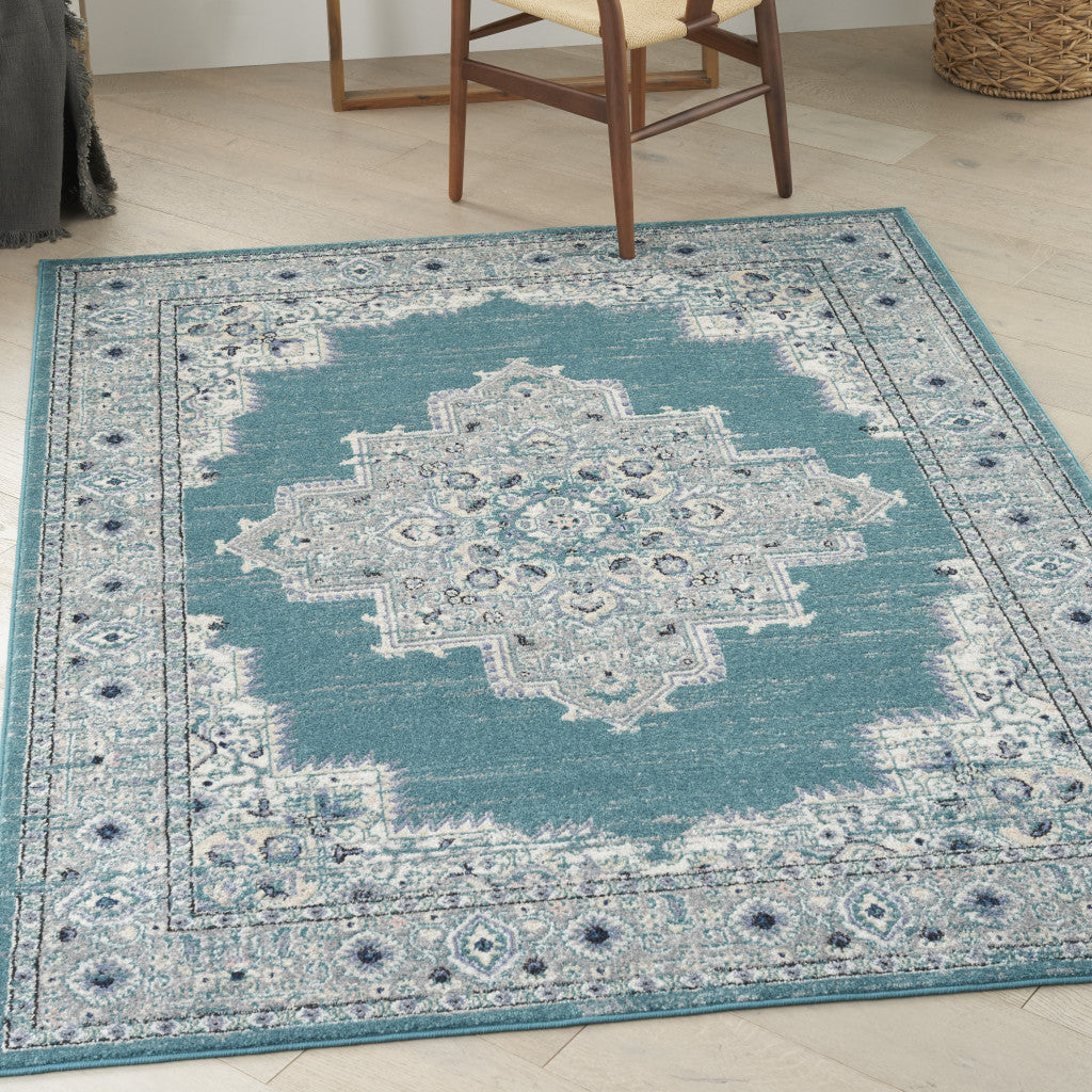 5 x 7 Aqua Floral Power Loom Distressed Area Rug Image 6