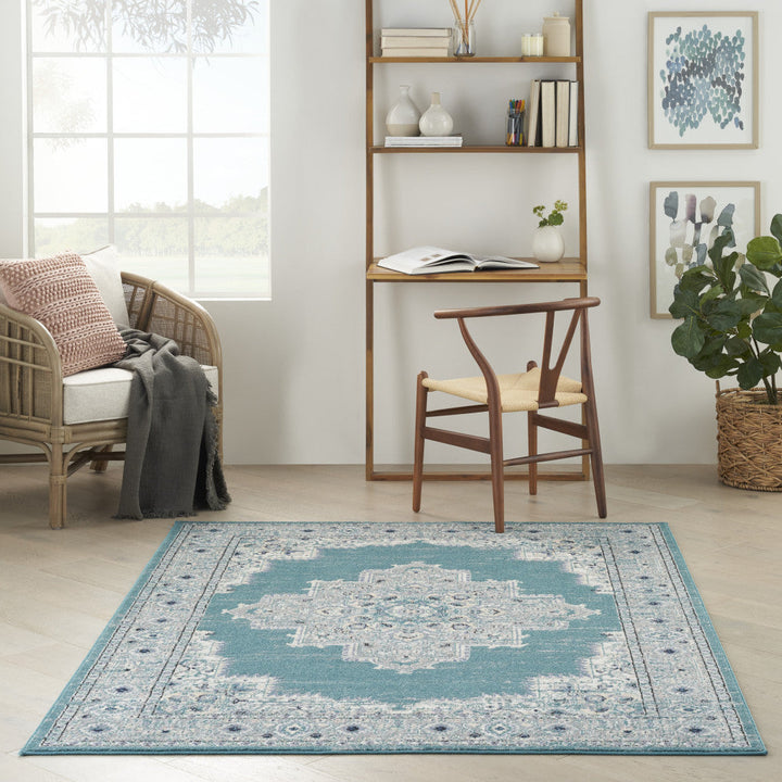 5 x 7 Aqua Floral Power Loom Distressed Area Rug Image 7