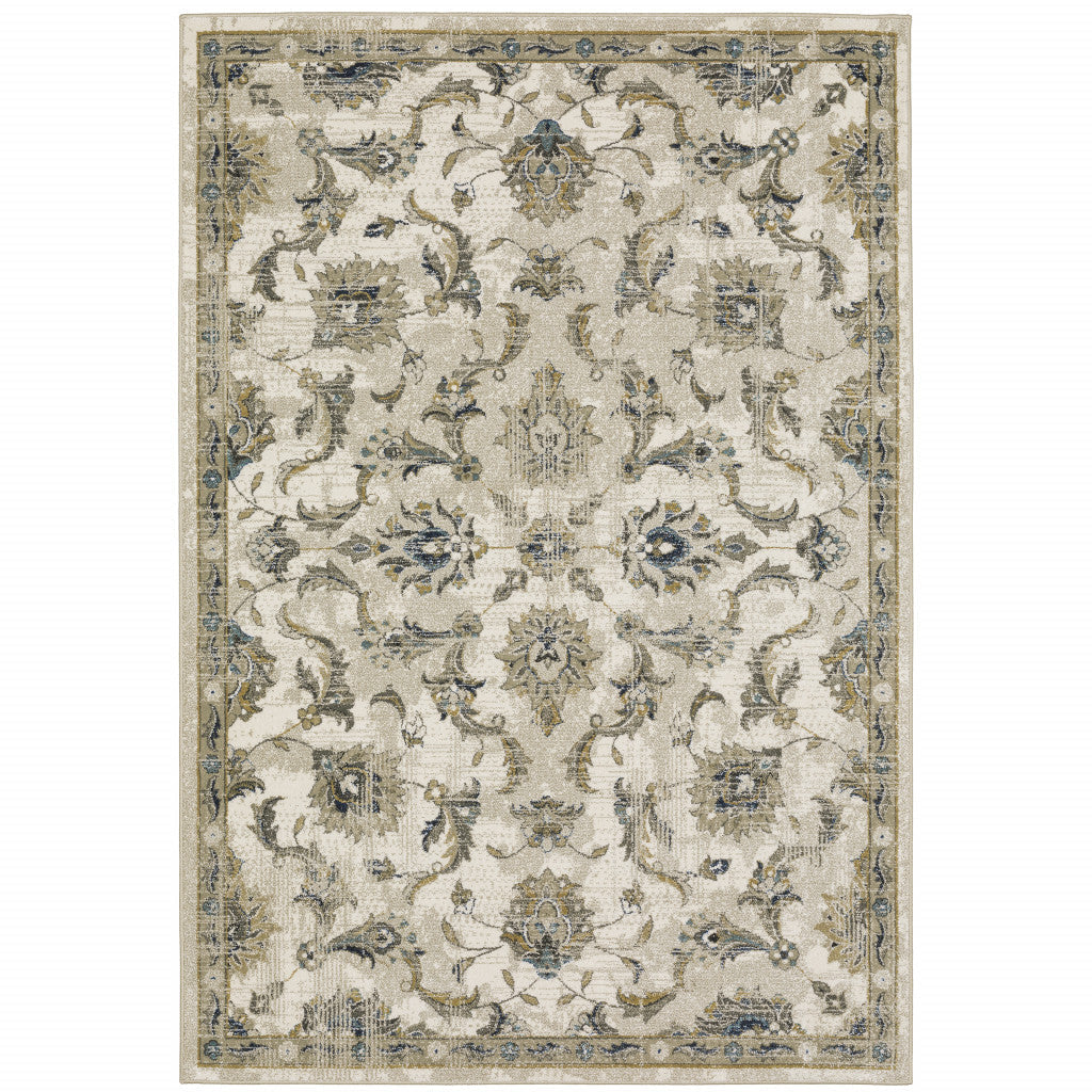 5 X 7 Beige Gold Blue And Grey Oriental Power Loom Stain Resistant Area Rug Image 1