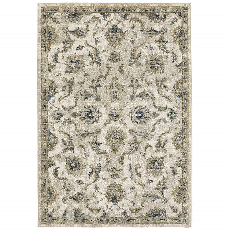 5 X 7 Beige Gold Blue And Grey Oriental Power Loom Stain Resistant Area Rug Image 1