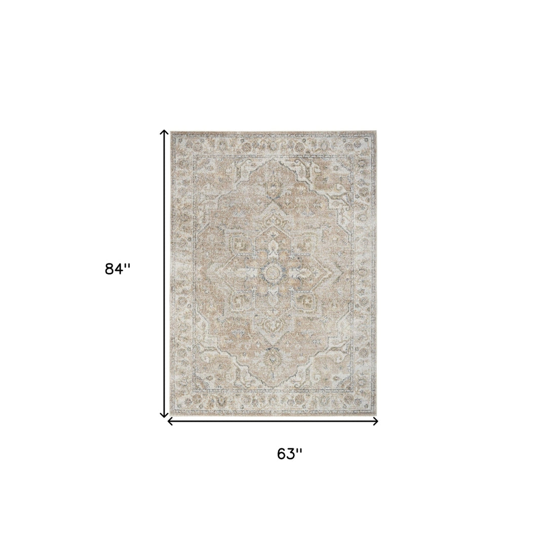 5 X 7 Beige Oriental Power Loom Washable Area Rug Image 7