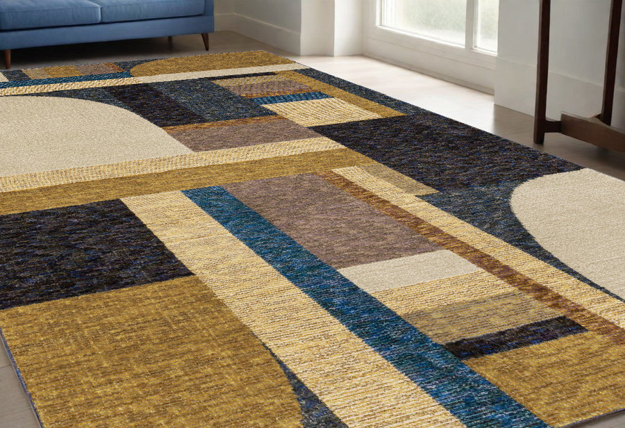 5 x 7 Blue and Beige Geometric Power Loom Area Rug Image 1