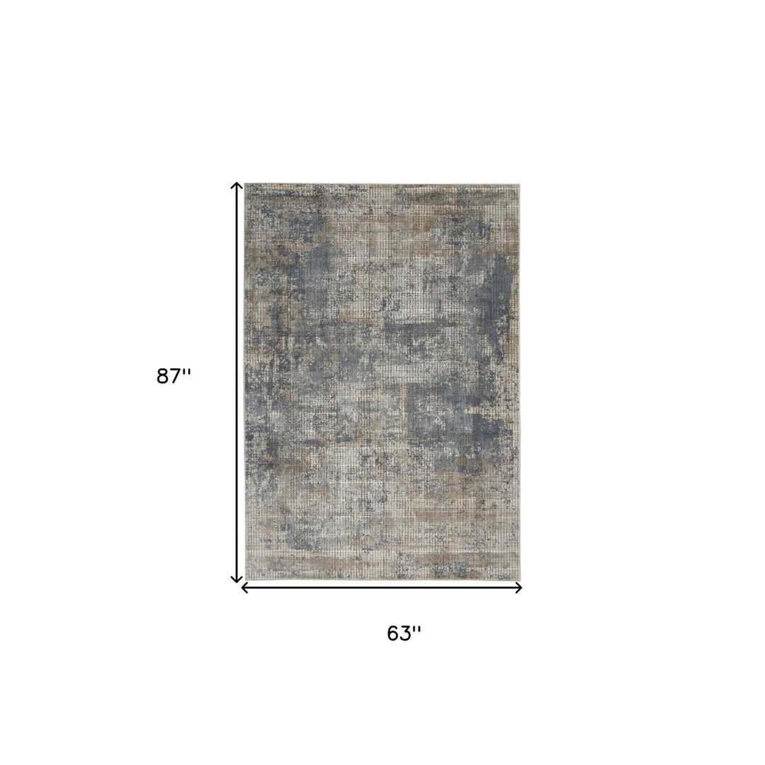 5 X 7 Blue And Beige Abstract Power Loom Distressed Non Skid Area Rug Image 5