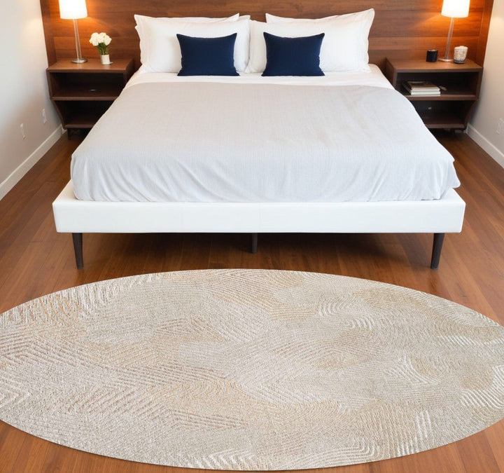 5 Beige and White Round Abstract Non Skid Area Rug Image 1