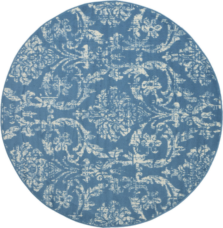 5 Blue Round Damask Power Loom Area Rug Image 1