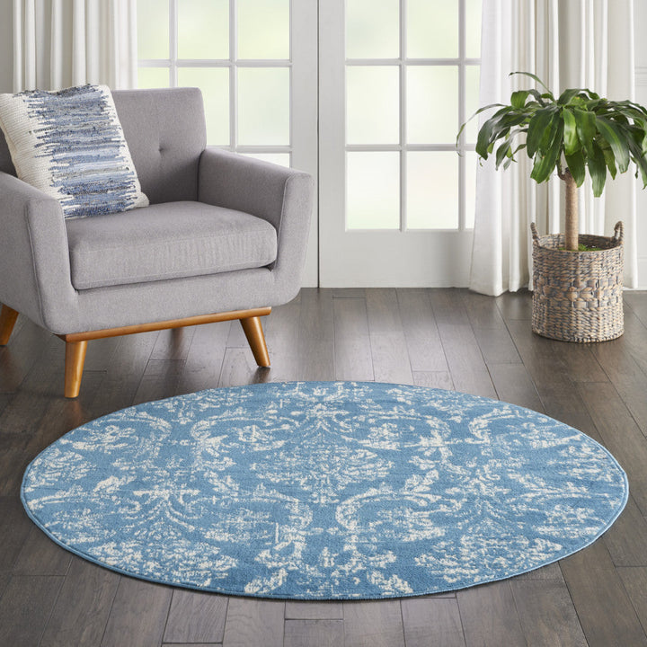 5 Blue Round Damask Power Loom Area Rug Image 3