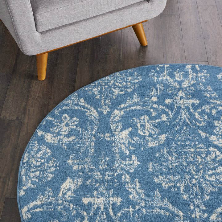 5 Blue Round Damask Power Loom Area Rug Image 4