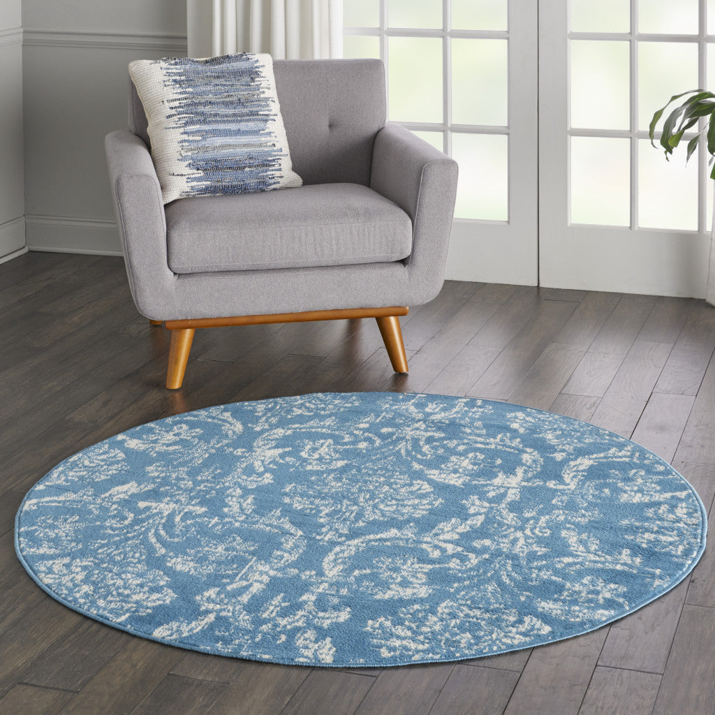 5 Blue Round Damask Power Loom Area Rug Image 5