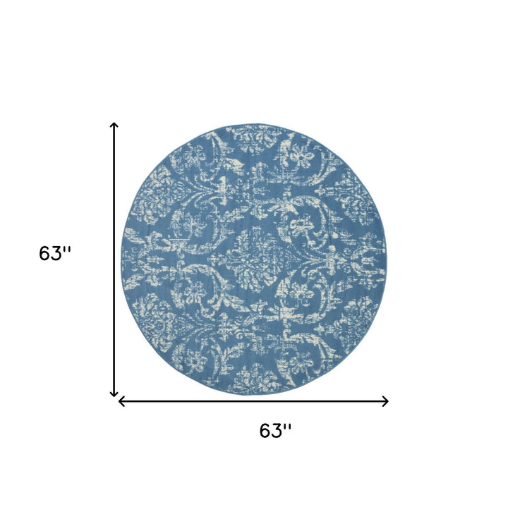 5 Blue Round Damask Power Loom Area Rug Image 6